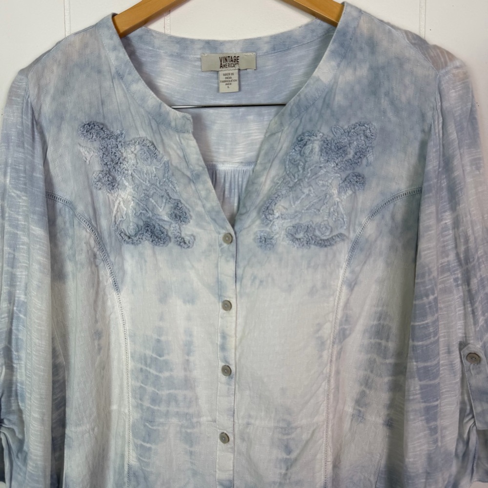 Vintage America Boho Embroidered Tie Dye Button Down Shirt size Large